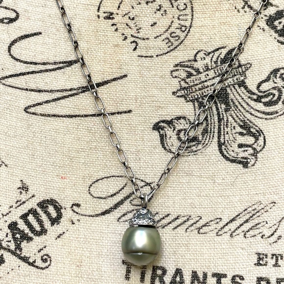 Vintage Tahitian pearl accented with CZs link necklace - Picture 1 of 7